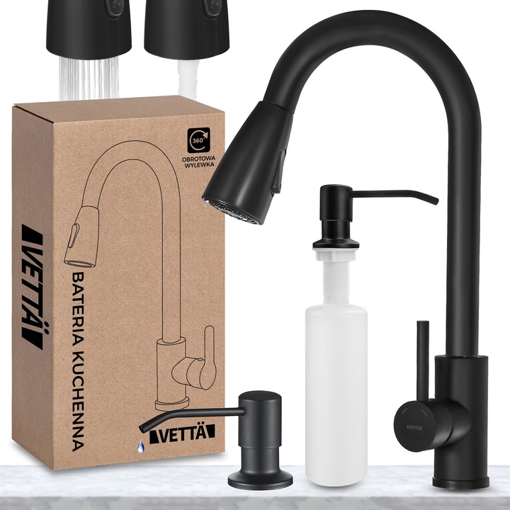 Set baterie bucatarie cu dozator, VETTA, negru mat, 40cm, 350ml