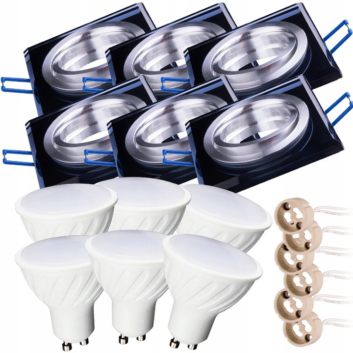 6x Bec LED GU10 10W 6000K, Sticla Mobila Quadrata, Negru, 90x90mm készlet