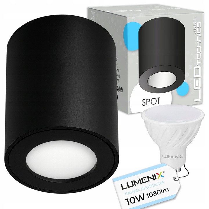 Set Spoturi LED GU10 10W cu Oprawa Halogena Natynkowa IP65, Negru, 8x8,5cm
