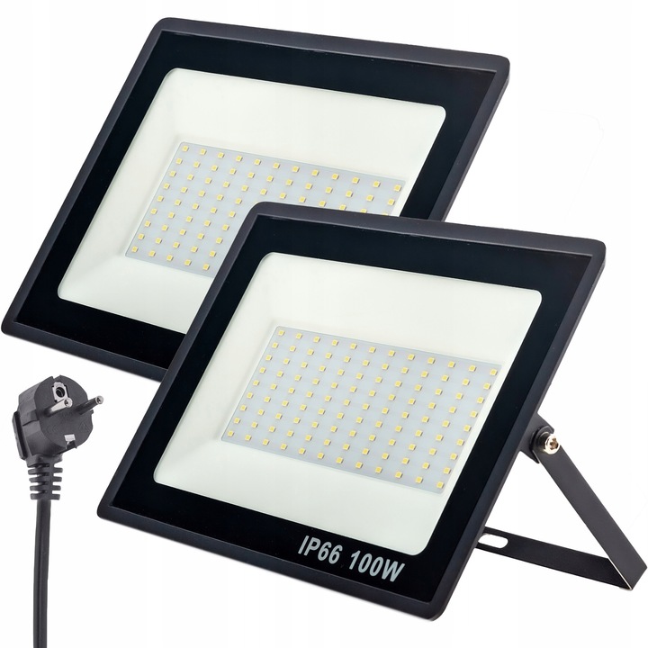 2 darabos szett, LEDSOURCE LED reflektor, 2x100W 2x9000 lm, semleges fény 4500K, IP66, fekete, dugóval és 2,3m kábellel, 2 x 100W