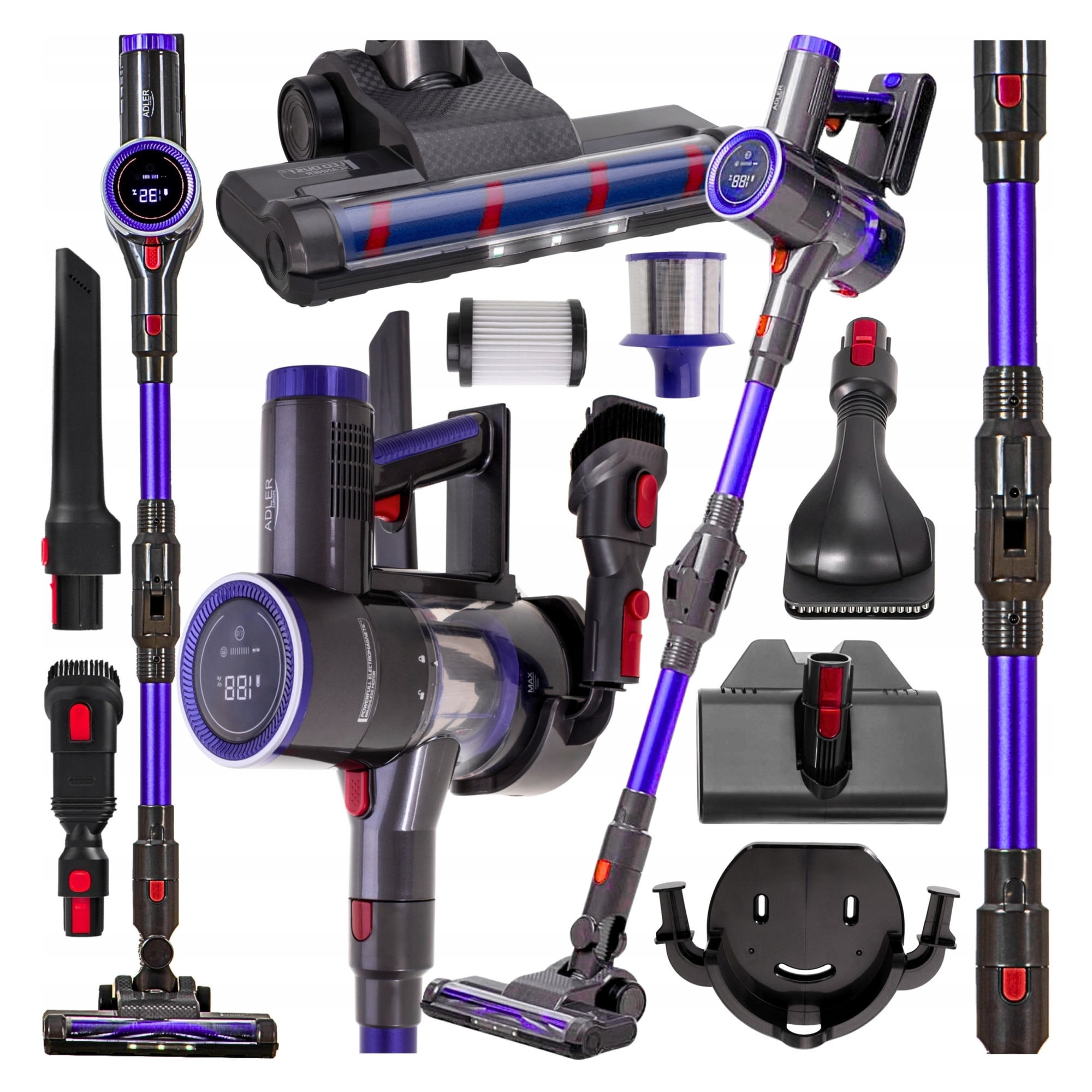 Aspirator vertical fara fir ADLER, 600W, filtru HEPA H13, set complet accesorii, lavanda