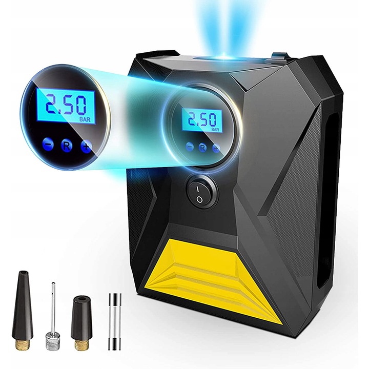 Compresor auto, 120W, manometru digital, LED, 10 bar, 17,8x15x4,5cm, negru