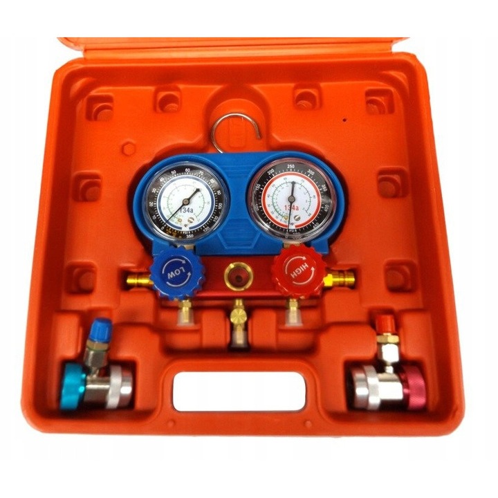 Manométer készlet autóklímához, Geko, R134A, 3 tömlő, magas és alacsony nyomás