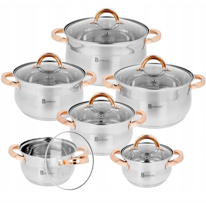 Brunbeste edénykészlet, rozsdamentes acél, 12 darab, változatos méretek, üveg fedővel