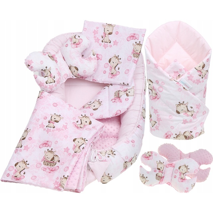 Set PREMIUM 7w1 Kokon bebelusi, model Zana Zosia, roz cu puncte, dimensiuni 110x65x14cm, 100% bumbac