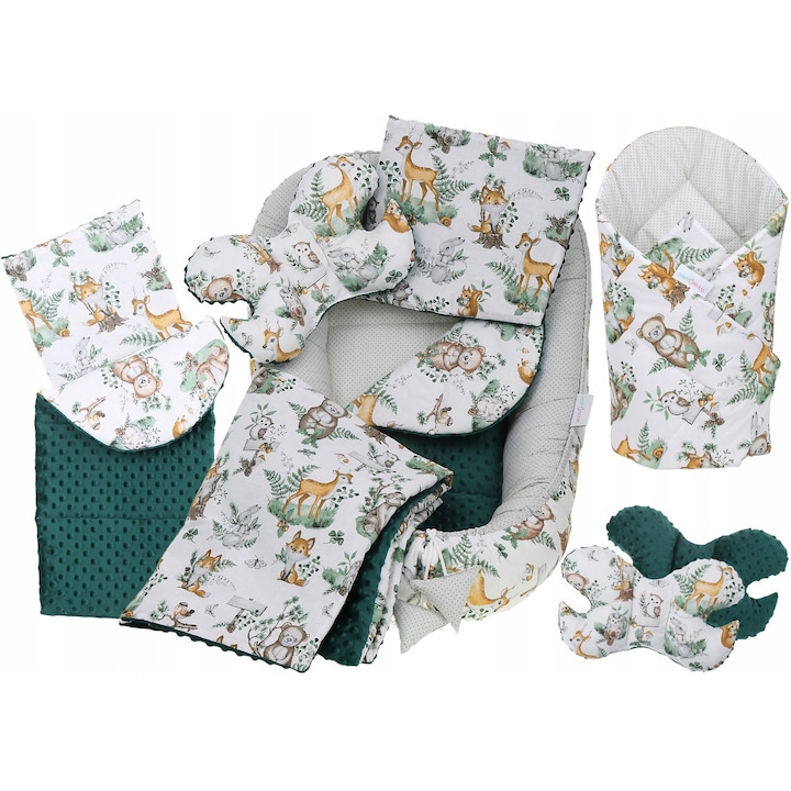 Set PREMIUM 7w1 Kokon bebelusi, Babymam, 100% bumbac, model animale in padure, gri, 110x65x14cm