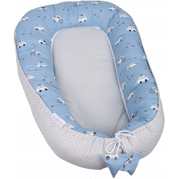 Kokon pozitionare pentru bebelusi Babymam, set cu perna si saltea, denim cu buline pe gri, 110x65x14cm, 70x30cm, 38x30cm