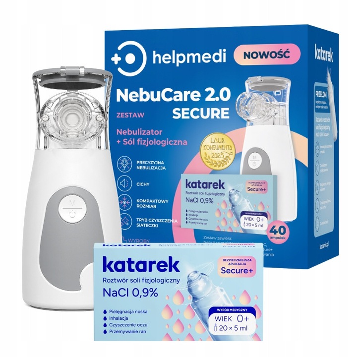 Nebulizator HelpMedi NebuCare 2.0 Secure, membrana, set cu masti pentru adulti si copii, alb, alimentare acumulator USB