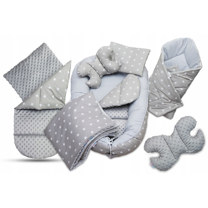 Set PREMIUM 7 in 1 Babymam, kokon si rozeta pentru nou-nascuti, bumbac, gri cu stele, 110x65x14cm