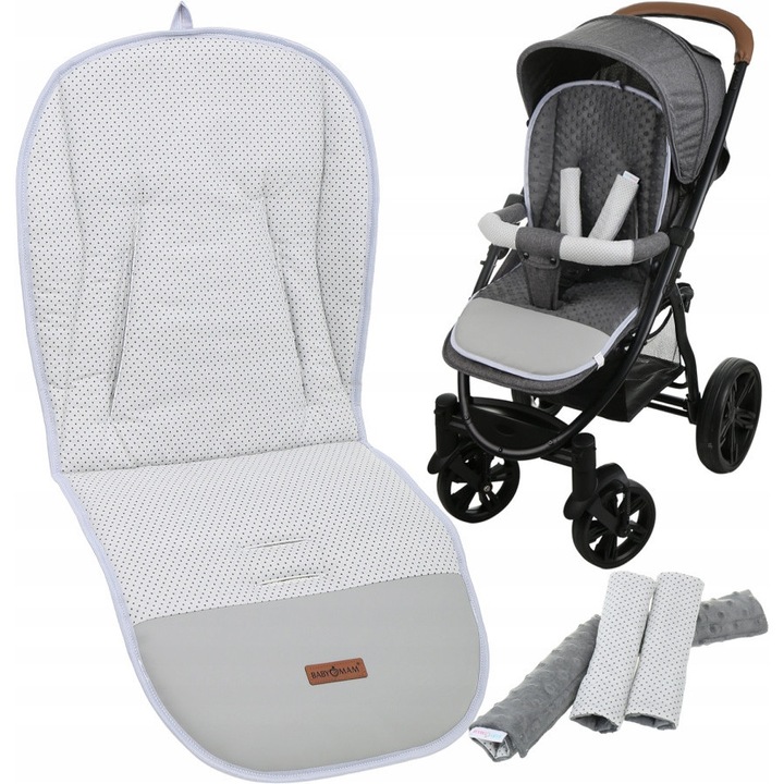 Set universal pentru carucior, Babymam, protectie pentru centuri si suport, model Kropki pe gri, 80x40cm