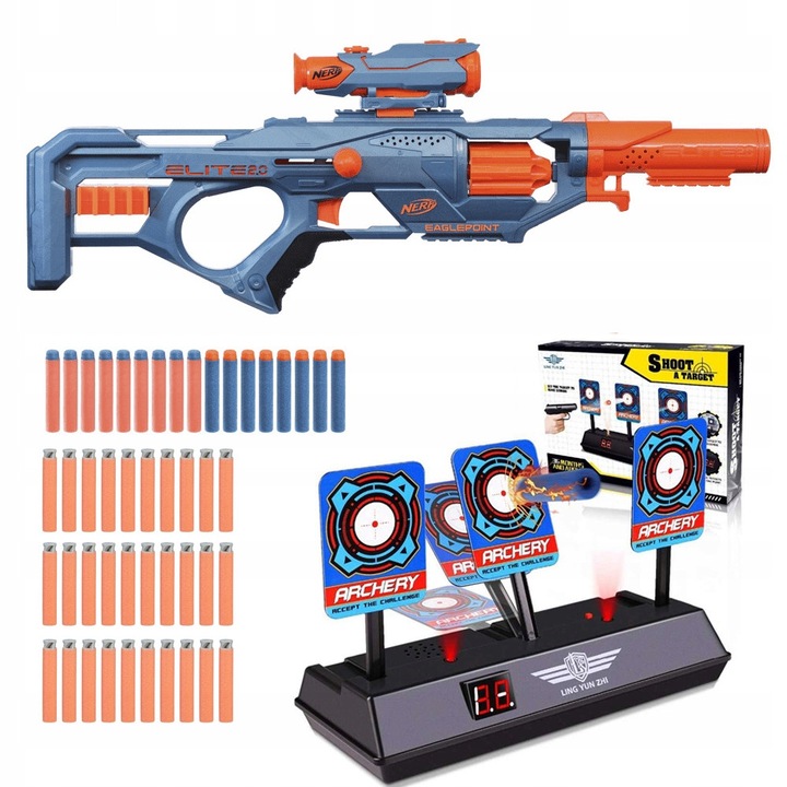 Pistol Nerf Elite 2.0 EaglePoint, set cu 16 sageti, tinta electronica, 27m, 8x magazin