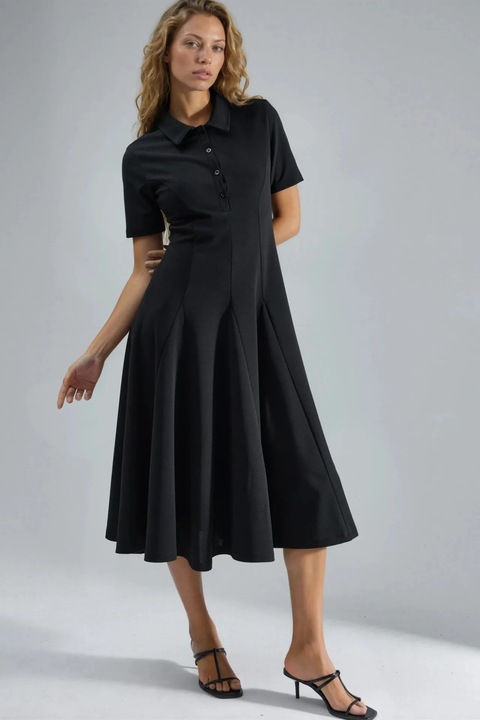 Rochie Midi Busem, Negru, Jerseu, Guler Tip Camasa, XL INTL