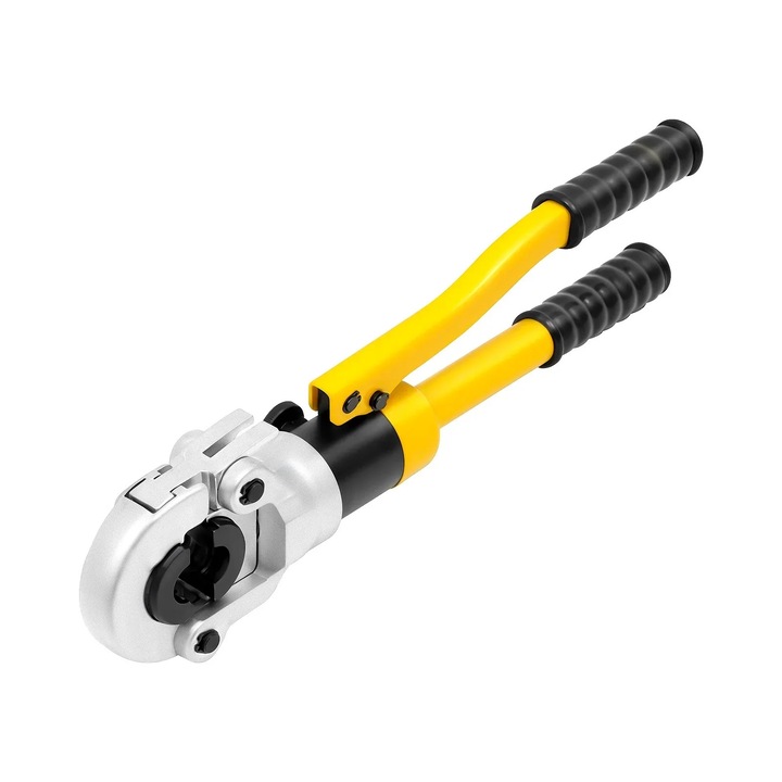 PEX cső préselő fogó, hidraulikus, 8 tonna, 4 présbetét, sárga-ezüst