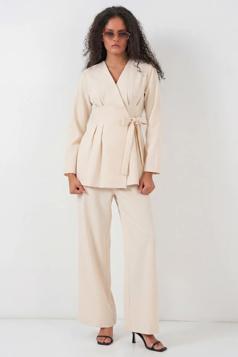 Compleu dama, Big Dart, din doua piese, decolteu in V, bej natural, poliester-elastan