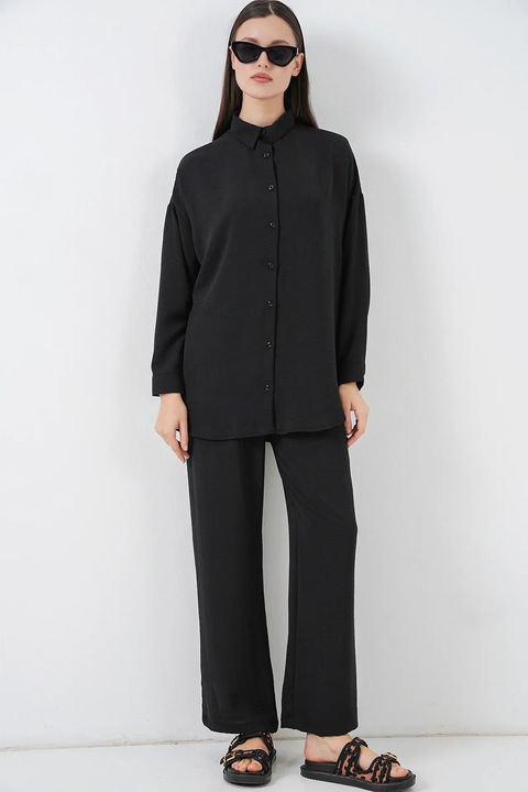 Compleu dama, Big Dart, set camasa oversized cu nasturi si pantaloni, negru, textil