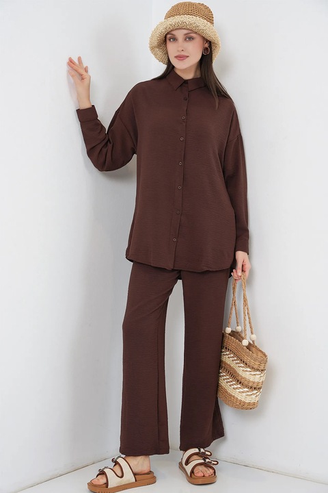Set Compleu BDART, camasa supradimensionata cu nasturi, pantaloni cu picior larg, maro, textil