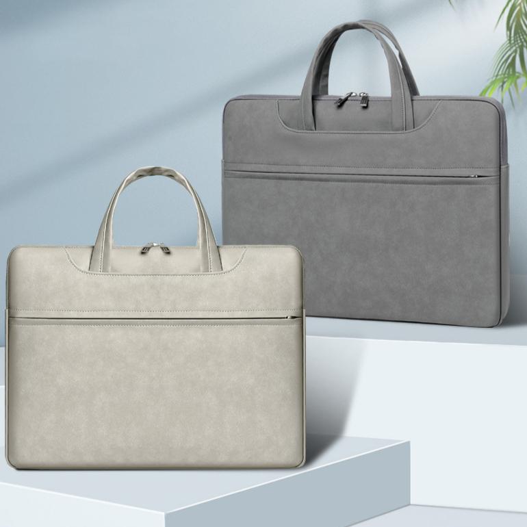Geanta pentru laptop, Aiorber, piele PU, 14 inch, interior captusit cu fleece, impermeabila si rezistenta la abraziune, amortizoare de socuri si rezistenta la caderi, cu maner de transport, gri deschis