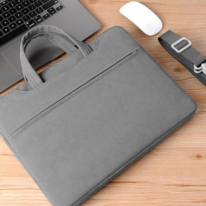 Geanta pentru laptop, Aiorber, piele PU, 14 inch, interior captusit cu fleece, impermeabila si rezistenta la abraziune, amortizoare de socuri si rezistenta la caderi, cu maner de transport, gri inchis