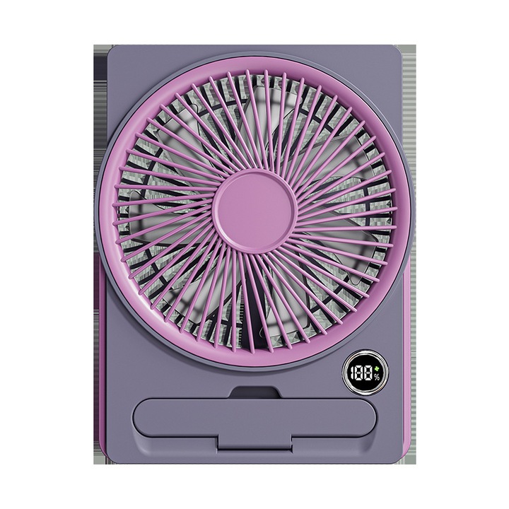 Asztali ventilátor, Aiorber, 5 sebességes, falra szerelhető, mobiltelefon tartóként is használható, digitális kijelző, 1800 mAh, 18.5 × 13.5 × 3.5 cm, lila