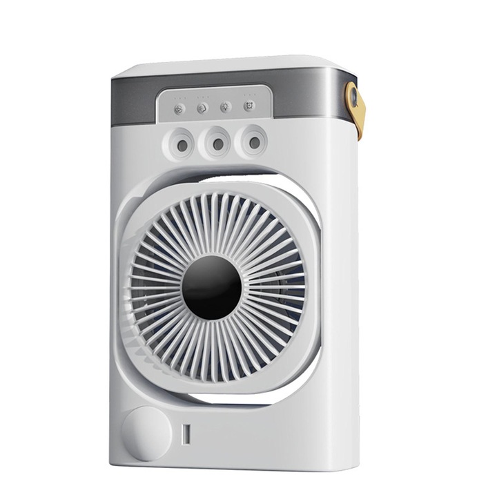 Asztali ventilátor, Aiorber, 120°-os forgatás, három sebességi fokozat, párásítás, távirányító, időzítő, fényerő-állítás, USB töltés, hordozható kivitel, 16×7.6×26cm, alb