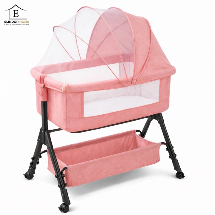 Patut bebe Elindor, pliabil 3 in 1, portabil, roz, 104x58x80cm