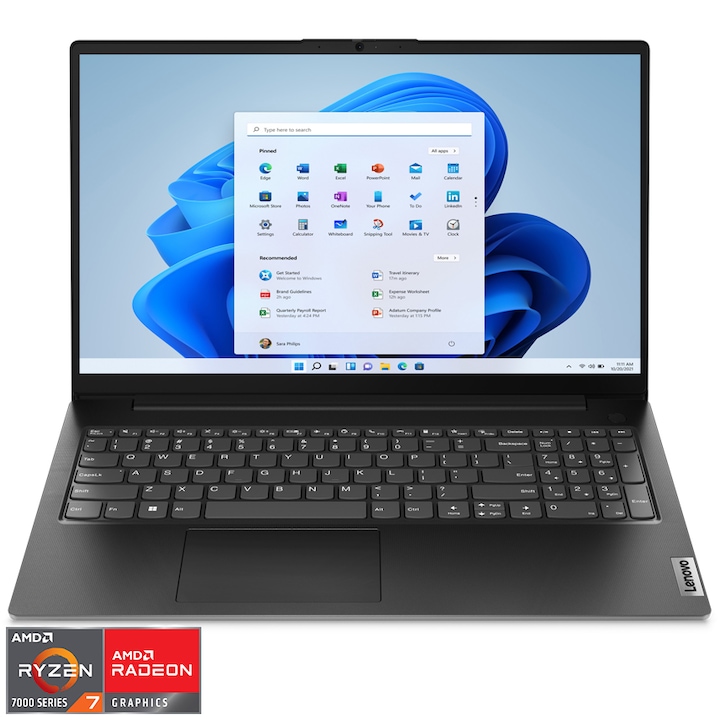Laptop Lenovo V15 G4 ABP cu procesor AMD Ryzen™ 7 7730U pana la 4.5GHz, 15.6" Full HD, IPS, 16GB DDR4, 512GB SSD, Video Integrated AMD Radeon™ Graphic, Windows® 11 Pro, Business Black