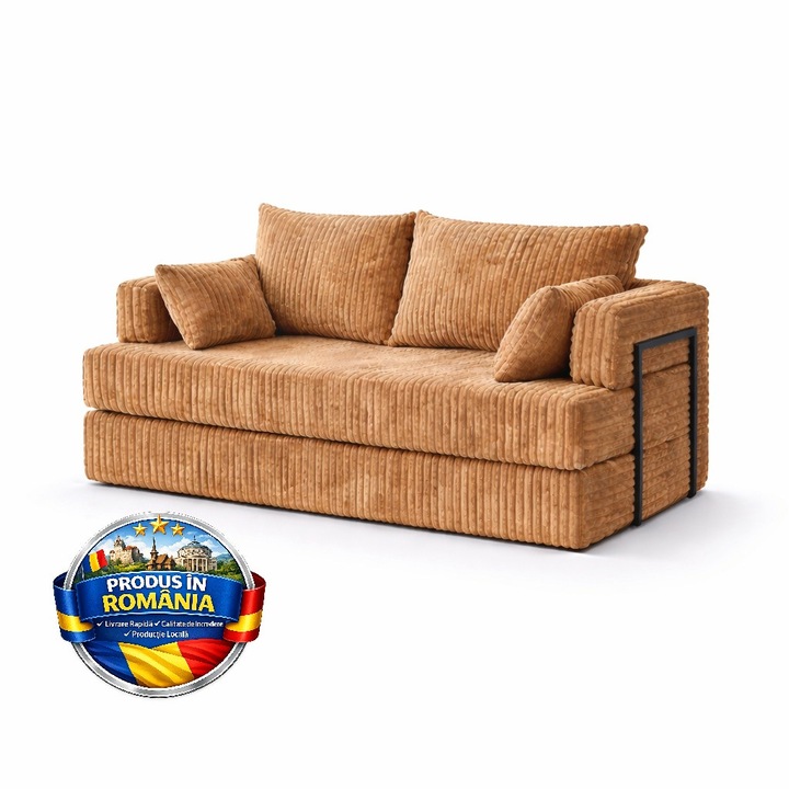 Canapea extensibila 3 locuri Tilia, catifea Premium, 420g/mp, T20 Saffron, 190x82x90cm, montaj rapid, roluita, canapea pat