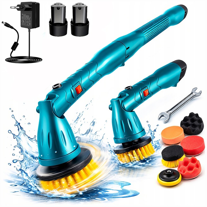 Perie electrica rotativa cu acumulator, 2 acumulatori, 2 perii, 6 bureti, 300W, 12V, pentru curatarea podelelor si baii, set 14 elemente