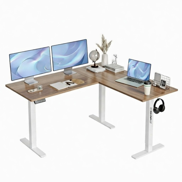 Birou electric colt STANGA sau DREAPTA cu inaltime reglabila, 3 functii memorie, sistem anti coliziune, 3 gauri cable management, Arka Chairs, rezistenta 80Kg, blat 155x120cm