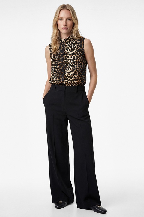 KOTON, Top cu model animal print si guler scurt, Negru/Bej