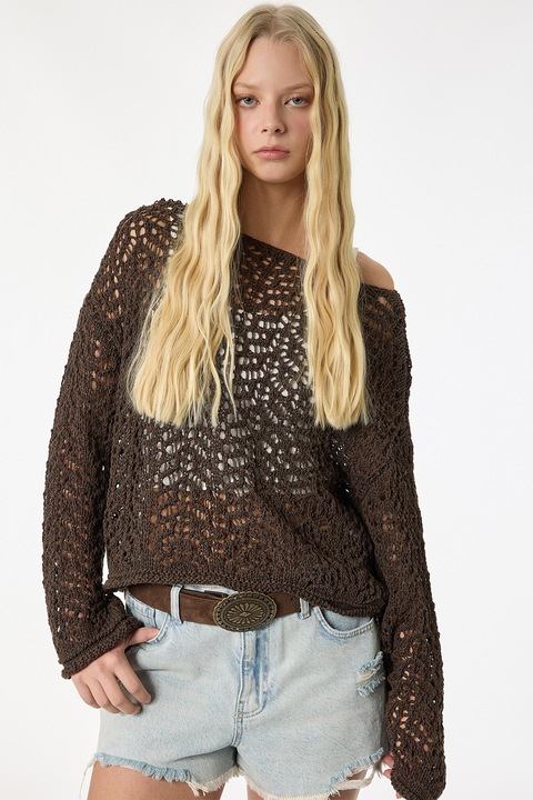 KOTON, Pulover cu perforatii si maneci cazute, Maro