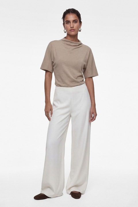 KOTON, Pantaloni din satin cu croiala palazzo, Crem