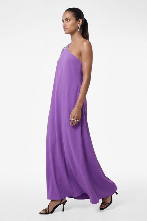 KOTON, Rochie cu decolteu pe un umar si strasuri, Violet