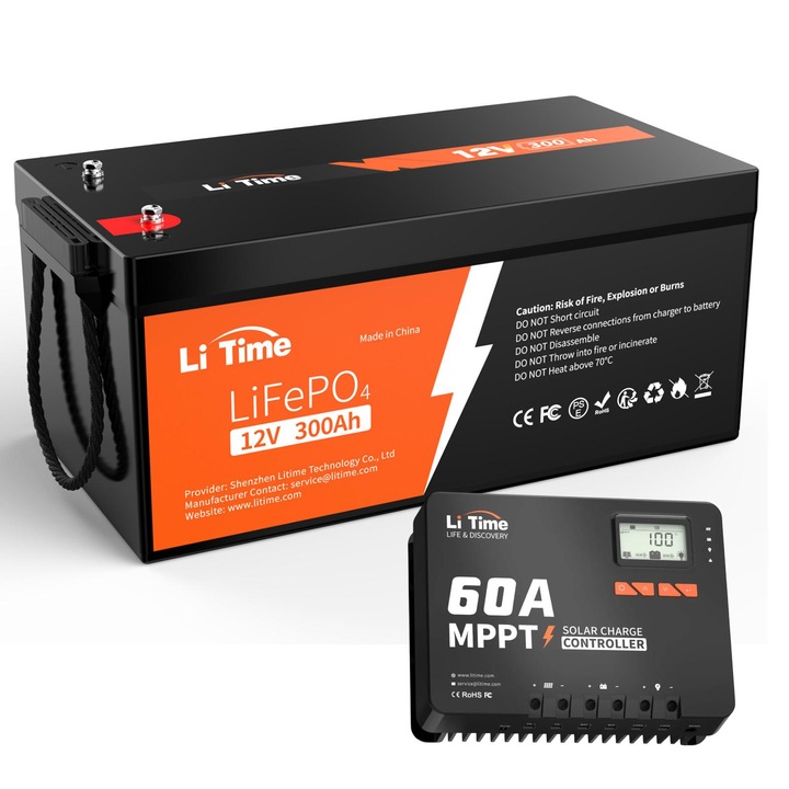 Baterie LiTime 12V 300Ah LiFePO4 litiu cu regulator MPPT 60A, 12V/24V/36V/48V