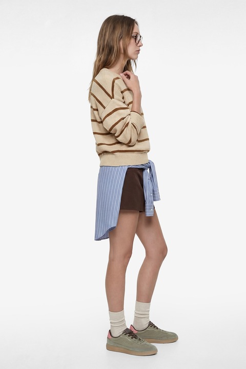 KOTON, Pulover cu decolteu la baza gatului si dungi, Bej deschis