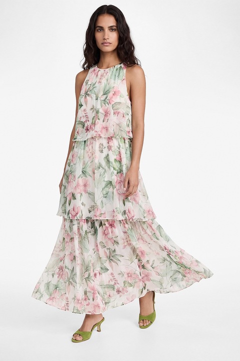 KOTON, Rochie din sifon cu model stratificat si floral, Verde, Roz, 34