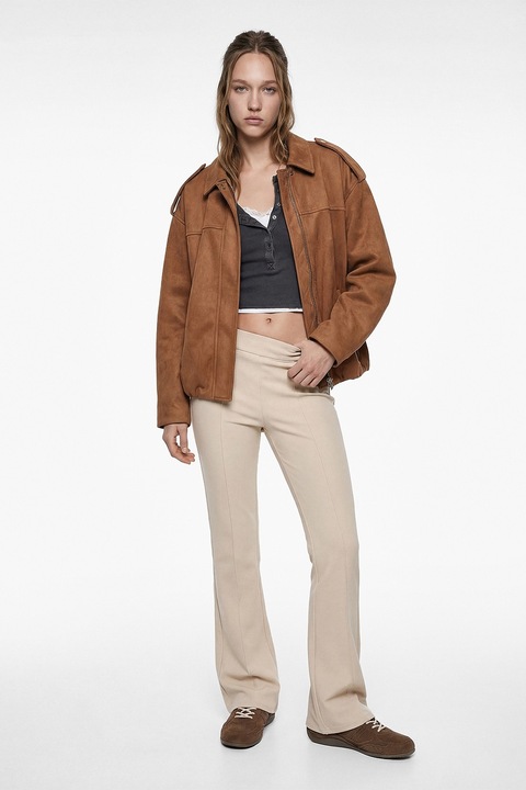 KOTON, Pantaloni evazati cu talie inalta si model uni, Bej