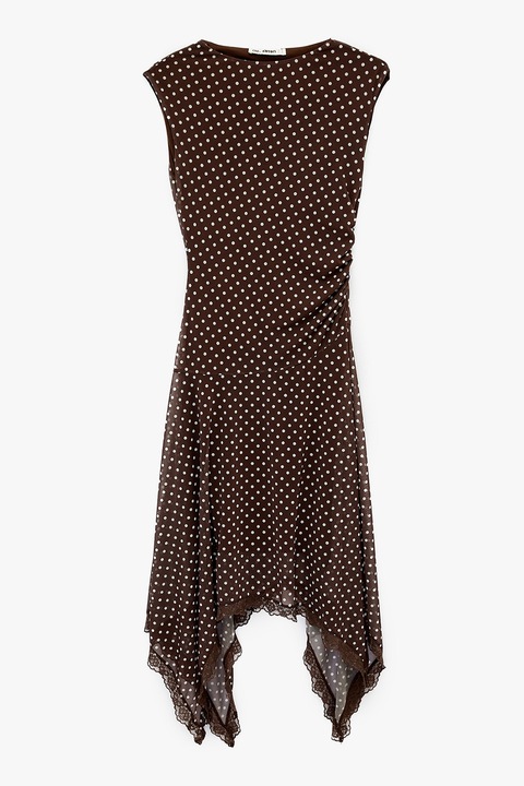 KOTON, Rochie asimetrica cu model cu buline, Alb/Maro