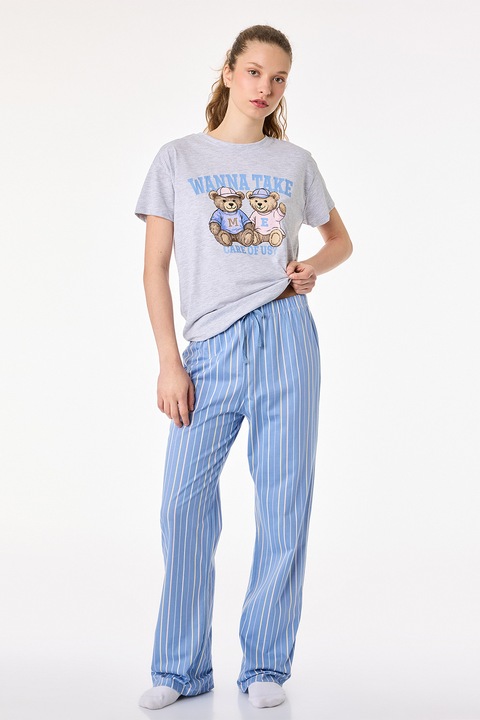 KOTON, Pijama din amestec de bumbac cu imprimeu, Gri, Albastru, L