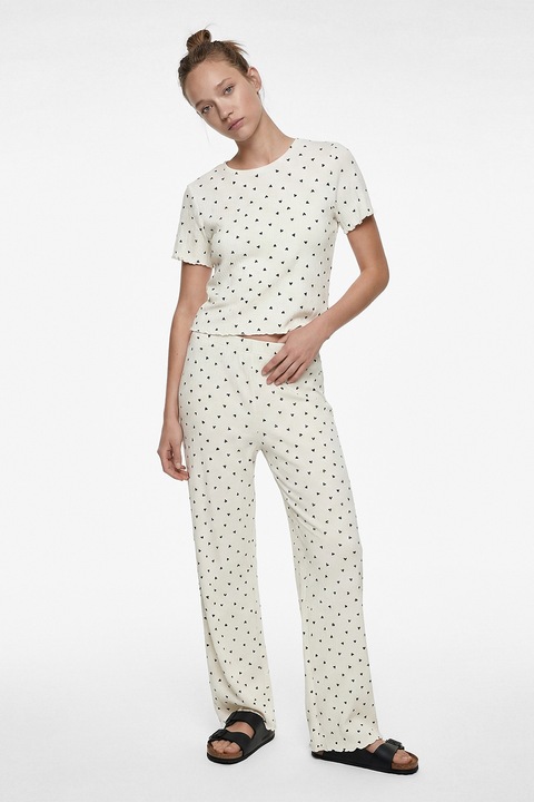 KOTON, Pijama de bumbac cu imprimeu, Negru stins/Alb murdar