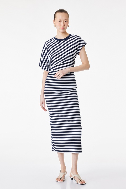 KOTON, Rochie midi cu model in dungi, Alb/Bleumarin