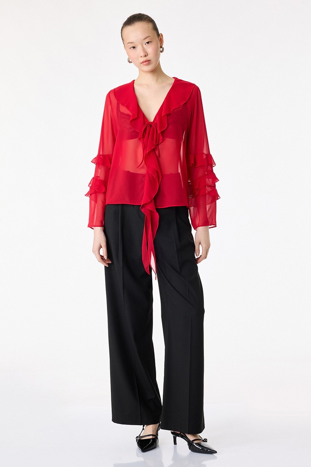東急LOVE KOTON, Bluza semitransparenta cu volane, Rosu, 34 - eMAG.ro