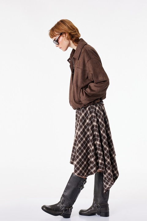 KOTON, Fusta asimetrica cu model in carouri, Maro inchis/Bej