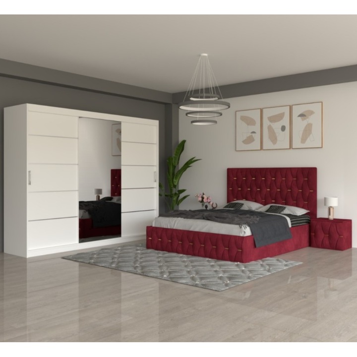 Set dormitor CELA Eric, pat roșu 180x200, noptiere tapițate, dulap alb 250cm