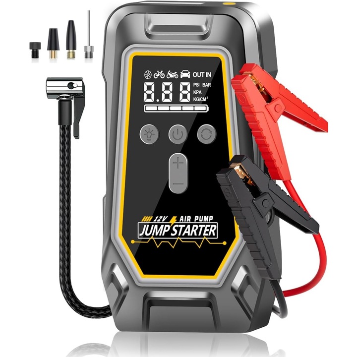 Dispozitiv de Pornire cu Compresor de Aer XPQKDC®, 150PSI, Pompa Portabila pentru Roti, Manometru Digital, Lanterna LED, Umflare Rapida 3X, pentru Masina, Moto, Bicicleta, Negru