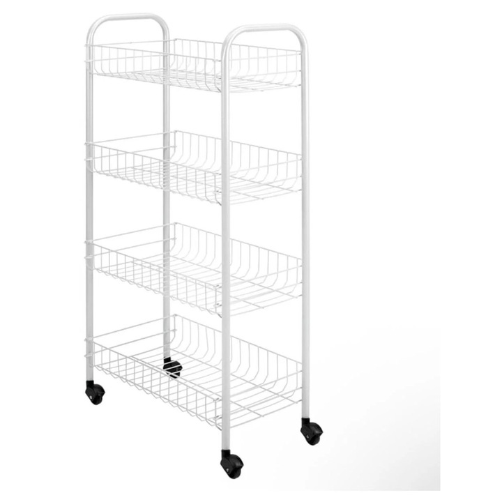 Etajera cu roti, 4 rafturi, 41x23x84 cm, culoare alb, pentru bucatarie, baie, robust, din metal