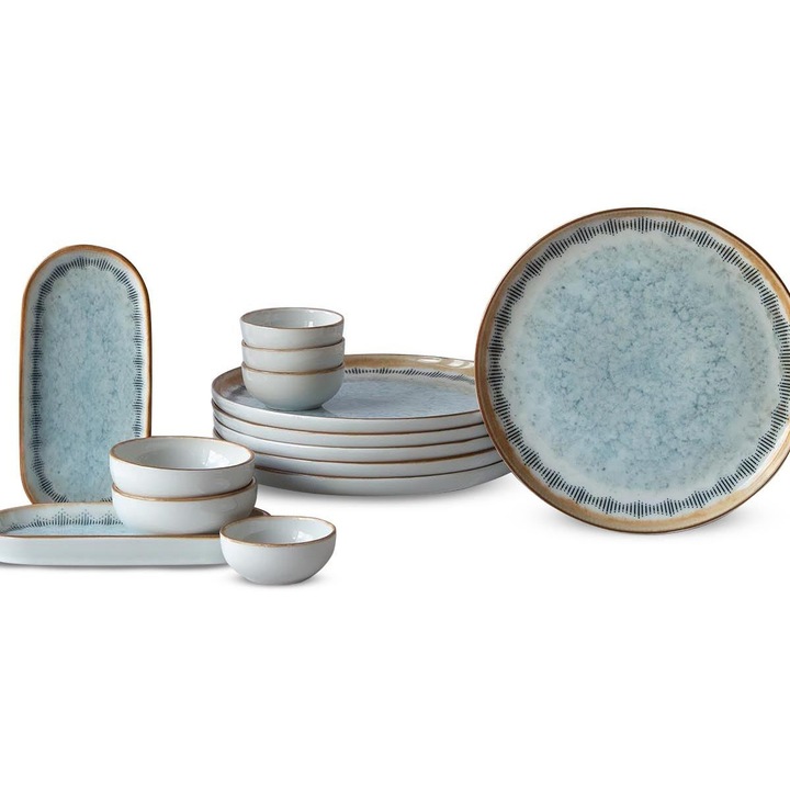 Set de mic dejun 14 piese, Hermia Concept, portelan, alb, albastru, camila