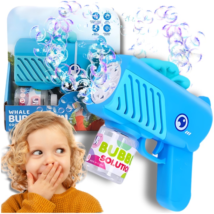 Buborékfújó pisztoly, Luka, Bálna design, Kék, 16x6,5x16cm, Folyadékkal együtt