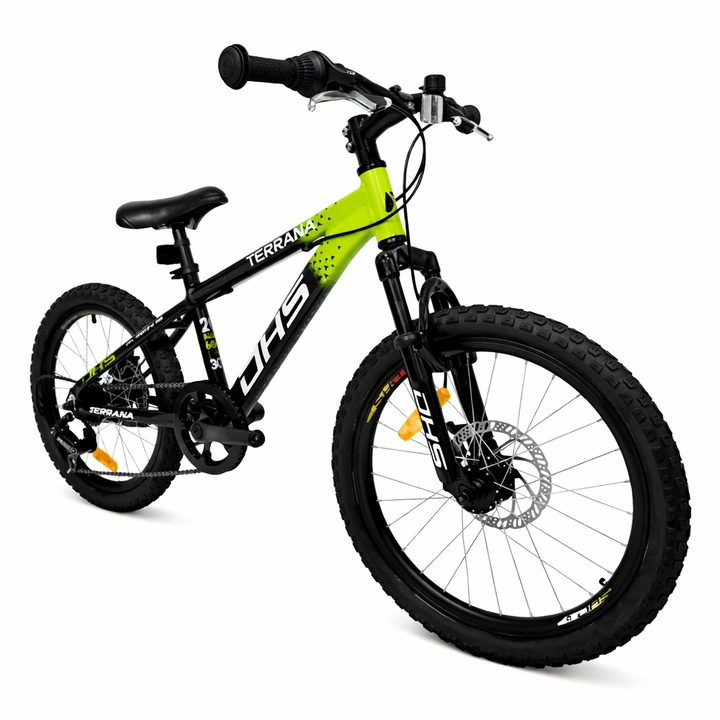 Bicicleta pentru copii MTB DHS Terrana 2023, roata 20 inch, frane Disc fata/spate, 6 viteze Shimano Tourney, suspensie fata, cadru aluminiu, Negru-Verde