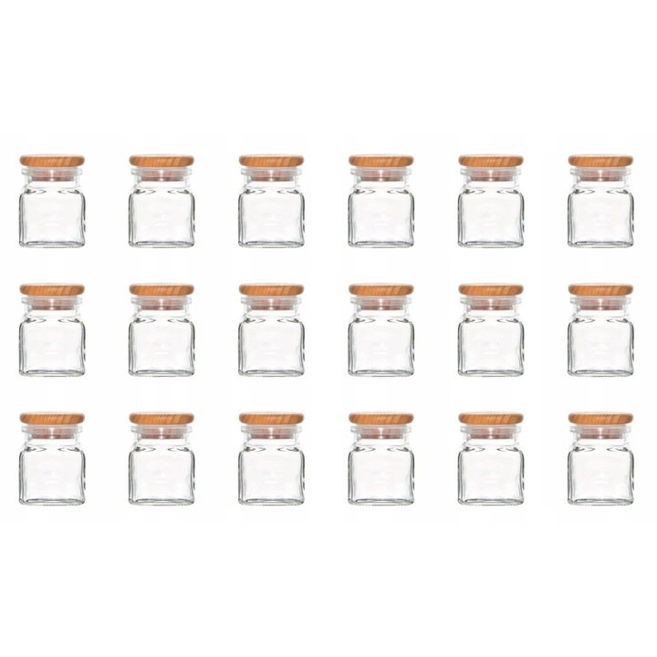 Set 18 borcane pentru condimente 120ml, sticla cu capac din lemn, dimensiuni 56x56x76mm